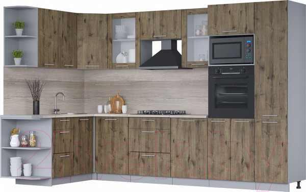 Изображение товара Кухонный гарнитур Интерлиния Мила 1.68x3.2 левая (дуб веллингтон/дуб веллингтон/травертин серый)