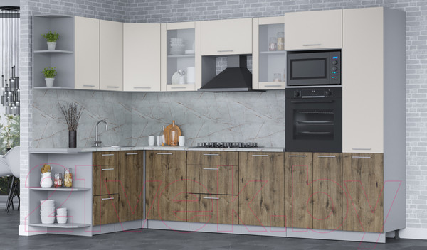 Изображение товара Кухонный гарнитур Интерлиния Мила 1.68x3.2 левая (персидский жемчуг/дуб веллингтон/серый каспий)