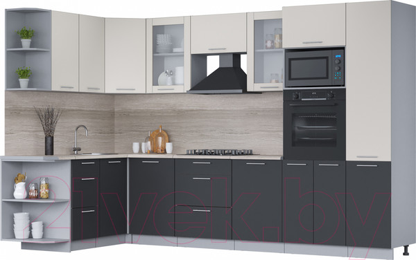 Изображение товара Кухонный гарнитур Интерлиния Мила 1.68x3.2 левая (персидский жемчуг/антрацит/травертин серый)