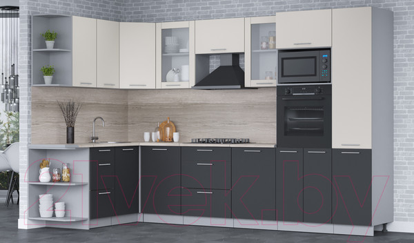 Изображение товара Кухонный гарнитур Интерлиния Мила 1.68x3.2 левая (персидский жемчуг/антрацит/травертин серый)