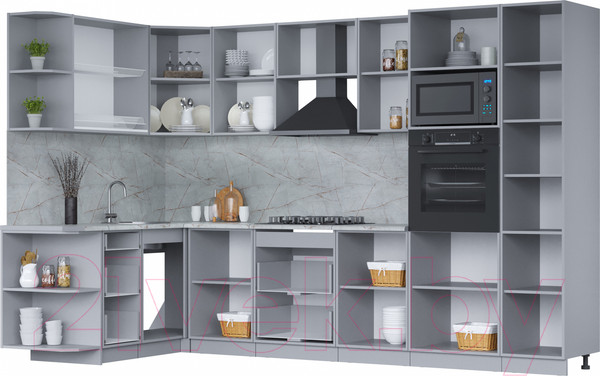 Изображение товара Кухонный гарнитур Интерлиния Мила 1.68x3.2 левая (персидский жемчуг/антрацит/травертин серый)