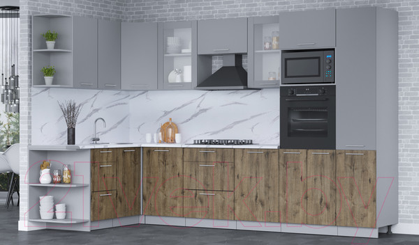 Изображение товара Кухонный гарнитур Интерлиния Мила 1.68x3.2 левая (серебро/дуб веллингтон/белый гранит)