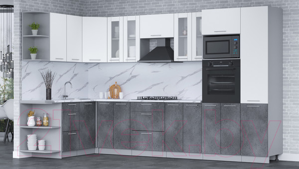 Изображение товара Кухонный гарнитур Интерлиния Мила 1.68x3.4 левая (белый платинум/бетон портленд/белый гранит)