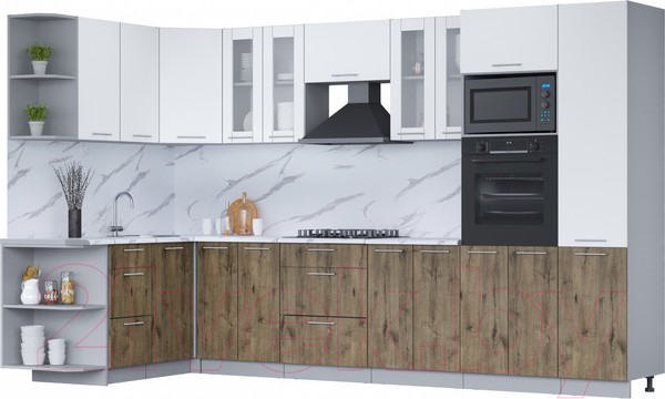 Изображение товара Кухонный гарнитур Интерлиния Мила 1.68x3.4 левая (белый платинум/дуб веллингтон/белый гранит)