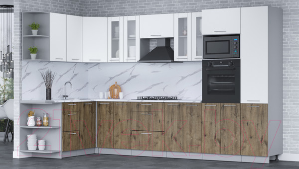 Изображение товара Кухонный гарнитур Интерлиния Мила 1.68x3.4 левая (белый платинум/дуб веллингтон/белый гранит)