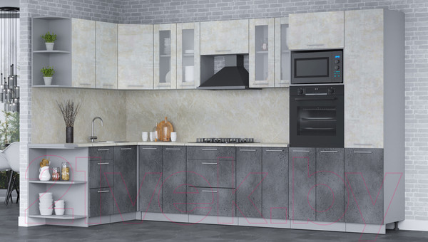 Изображение товара Кухонный гарнитур Интерлиния Мила 1.68x3.4 левая (бетон лайт/бетон портленд/опал светлый)