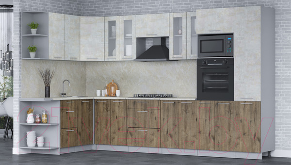 Изображение товара Кухонный гарнитур Интерлиния Мила 1.68x3.4 левая (бетон лайт/дуб веллингтон/опал светлый)