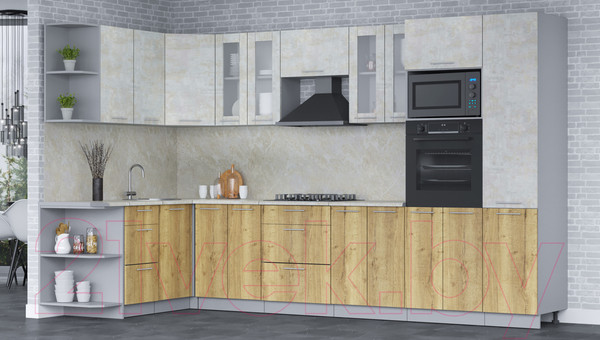 Изображение товара Кухонный гарнитур Интерлиния Мила 1.68x3.4 левая (бетон лайт/дуб золотой/опал светлый)