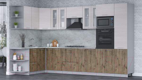 Изображение товара Кухонный гарнитур Интерлиния Мила 1.68x3.4 левая (вудлайн кремовый/дуб веллингтон/серый каспий)