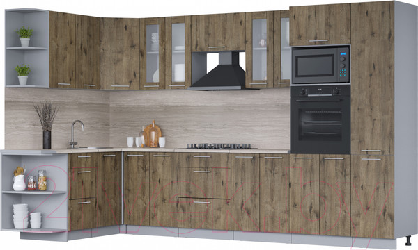 Изображение товара Кухонный гарнитур Интерлиния Мила 1.68x3.4 левая (дуб веллингтон/дуб веллингтон/травертин серый)