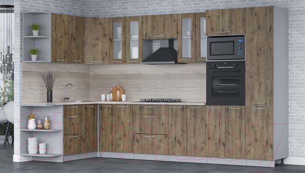 Изображение товара Кухонный гарнитур Интерлиния Мила 1.68x3.4 левая (дуб веллингтон/дуб веллингтон/травертин серый)