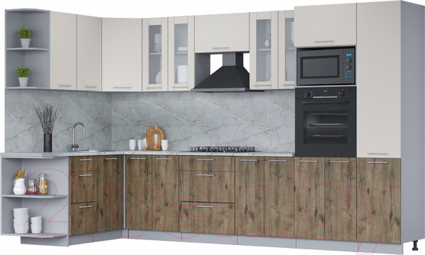 Изображение товара Кухонный гарнитур Интерлиния Мила 1.68x3.4 левая (персидский жемчуг/дуб веллингтон/серый каспий)