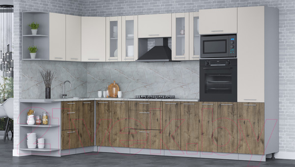 Изображение товара Кухонный гарнитур Интерлиния Мила 1.68x3.4 левая (персидский жемчуг/дуб веллингтон/серый каспий)