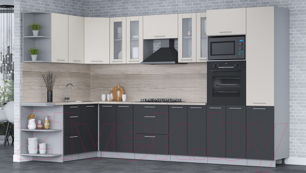 Изображение товара Кухонный гарнитур Интерлиния Мила 1.68x3.4 левая (персидский жемчуг/антрацит/травертин серый)