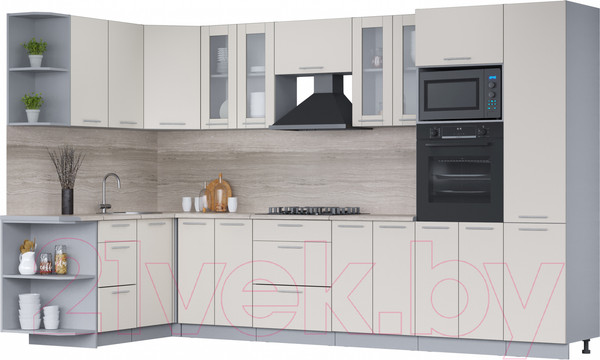 Изображение товара Кухонный гарнитур Интерлиния Мила 1.68x3.4 левая (персидский жемчуг/персидский жемчуг/травертин серый)