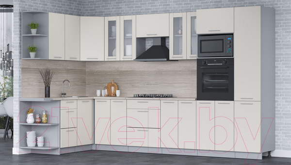 Изображение товара Кухонный гарнитур Интерлиния Мила 1.68x3.4 левая (персидский жемчуг/персидский жемчуг/травертин серый)