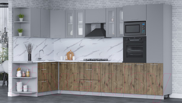 Изображение товара Кухонный гарнитур Интерлиния Мила 1.68x3.4 левая (серебро/дуб веллингтон/белый гранит)