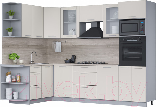 Изображение товара Кухонный гарнитур Интерлиния Мила 1.68x2.8 левая (персидский жемчуг/персидский жемчуг/травертин серый)