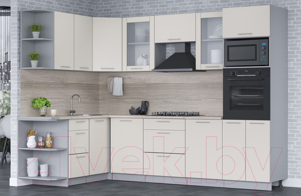 Изображение товара Кухонный гарнитур Интерлиния Мила 1.68x2.8 левая (персидский жемчуг/персидский жемчуг/травертин серый)