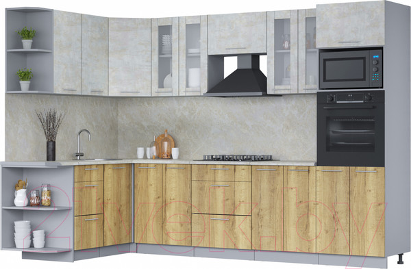 Изображение товара Кухонный гарнитур Интерлиния Мила 1.68x3.0 левая (бетон лайт/дуб золотой/опал светлый)