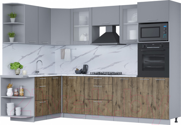 Изображение товара Кухонный гарнитур Интерлиния Мила 1.68x2.8 левая (серебро/дуб веллингтон/белый гранит)
