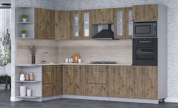 Изображение товара Кухонный гарнитур Интерлиния Мила 1.68x3.0 левая (дуб веллингтон/дуб веллингтон/травертин серый)