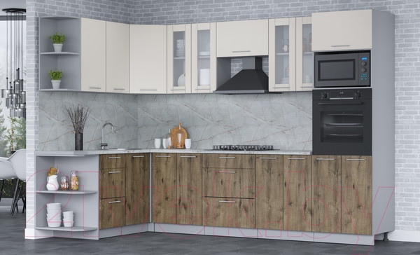 Изображение товара Кухонный гарнитур Интерлиния Мила 1.68x3.0 левая (персидский жемчуг/дуб веллингтон/серый каспий)