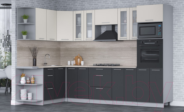 Изображение товара Кухонный гарнитур Интерлиния Мила 1.68x3.0 левая (персидский жемчуг/антрацит/травертин серый)