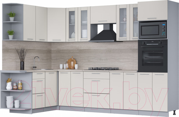 Изображение товара Кухонный гарнитур Интерлиния Мила 1.68x3.0 левая (персидский жемчуг/персидский жемчуг/травертин серый)