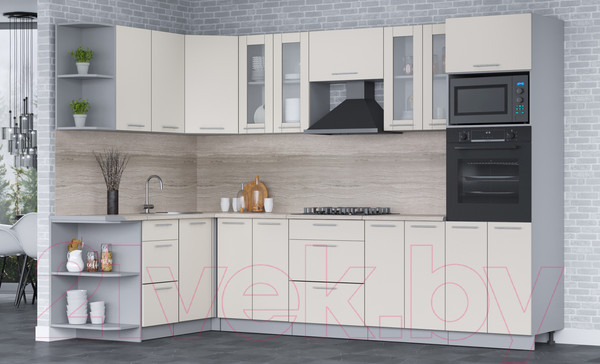 Изображение товара Кухонный гарнитур Интерлиния Мила 1.68x3.0 левая (персидский жемчуг/персидский жемчуг/травертин серый)