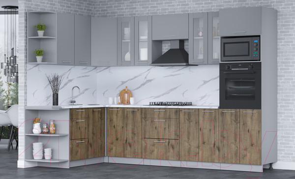 Изображение товара Кухонный гарнитур Интерлиния Мила 1.68x3.0 левая (серебро/дуб веллингтон/белый гранит)