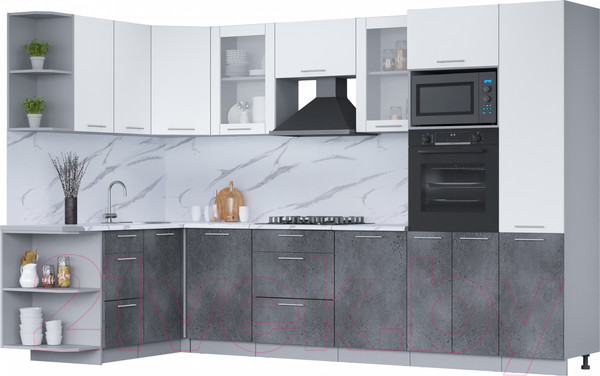 Изображение товара Кухонный гарнитур Интерлиния Мила 1.68x3.2 левая (белый платинум/бетон портленд/белый гранит)