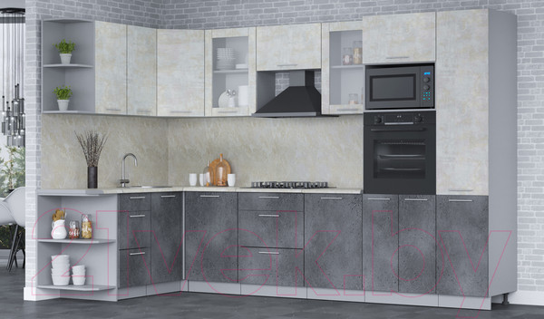 Изображение товара Кухонный гарнитур Интерлиния Мила 1.68x3.2 левая (бетон лайт/бетон портленд/опал светлый)