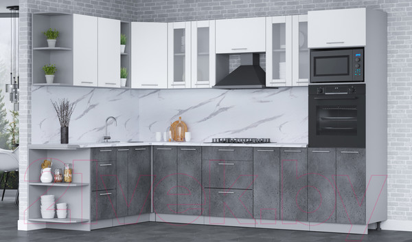 Изображение товара Кухонный гарнитур Интерлиния Мила 1.88x3.0 левая (белый платинум/бетон портленд/белый гранит)