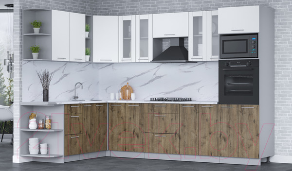 Изображение товара Кухонный гарнитур Интерлиния Мила 1.88x3.0 левая (белый платинум/дуб веллингтон/белый гранит)