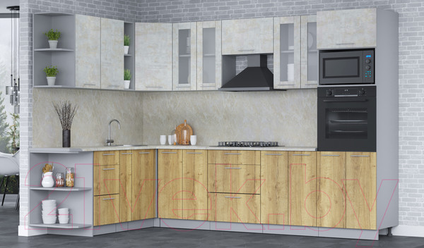 Изображение товара Кухонный гарнитур Интерлиния Мила 1.88x3.0 левая (бетон лайт/дуб золотой/опал светлый)