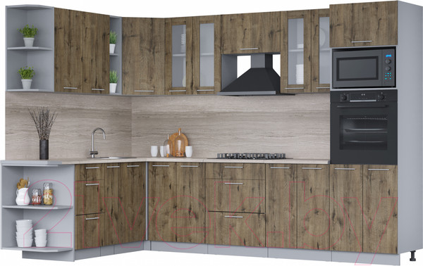 Изображение товара Кухонный гарнитур Интерлиния Мила 1.88x3.0 левая (дуб веллингтон/дуб веллингтон/травертин серый)