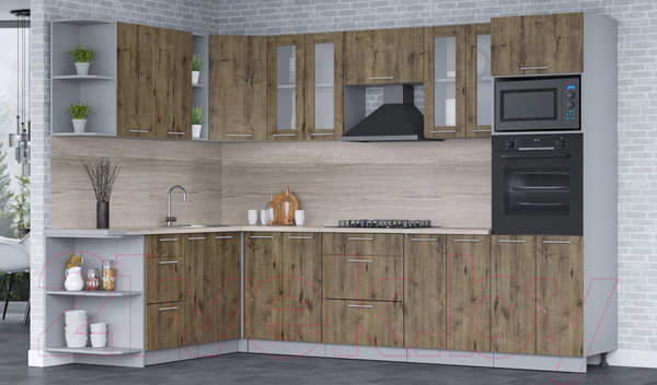 Изображение товара Кухонный гарнитур Интерлиния Мила 1.88x3.0 левая (дуб веллингтон/дуб веллингтон/травертин серый)