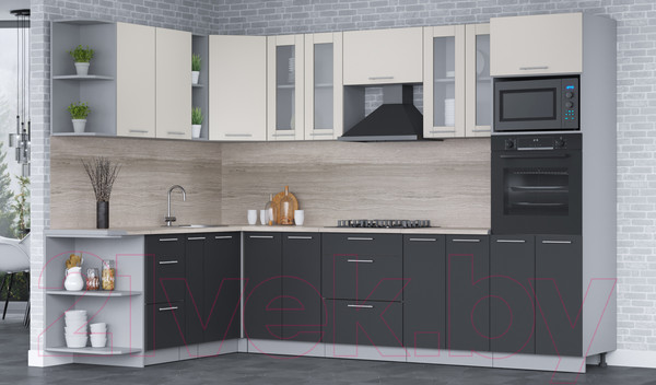 Изображение товара Кухонный гарнитур Интерлиния Мила 1.88x3.0 левая (персидский жемчуг/антрацит/травертин серый)