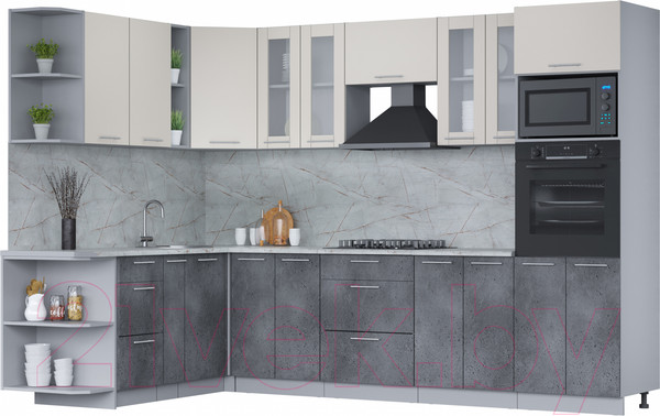 Изображение товара Кухонный гарнитур Интерлиния Мила 1.88x3.0 левая (персидский жемчуг/бетон портленд/серый каспий)