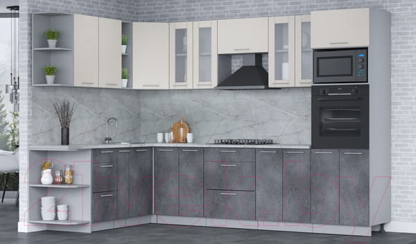 Изображение товара Кухонный гарнитур Интерлиния Мила 1.88x3.0 левая (персидский жемчуг/бетон портленд/серый каспий)