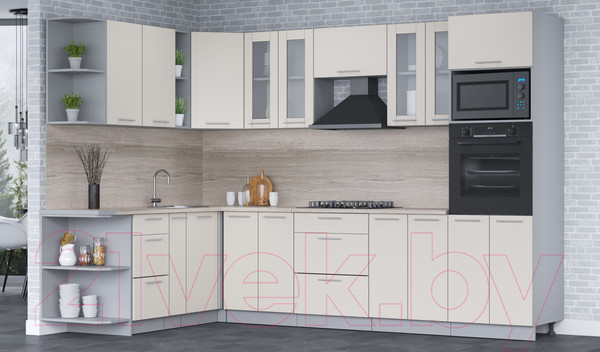 Изображение товара Кухонный гарнитур Интерлиния Мила 1.88x3.0 левая (персидский жемчуг/персидский жемчуг/травертин серый)