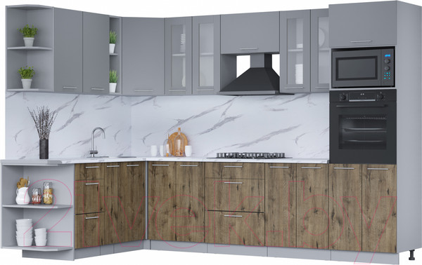 Изображение товара Кухонный гарнитур Интерлиния Мила 1.88x3.0 левая (серебро/дуб веллингтон/белый гранит)