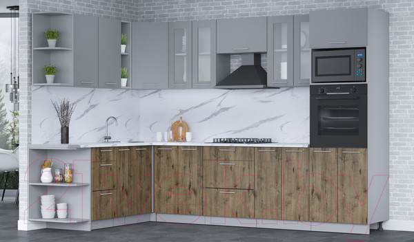 Изображение товара Кухонный гарнитур Интерлиния Мила 1.88x3.0 левая (серебро/дуб веллингтон/белый гранит)