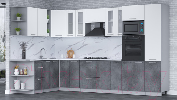 Изображение товара Кухонный гарнитур Интерлиния Мила 1.88x3.4 левая (белый платинум/бетон портленд/белый гранит)