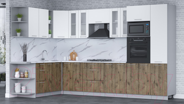 Изображение товара Кухонный гарнитур Интерлиния Мила 1.88x3.4 левая (белый платинум/дуб веллингтон/белый гранит)