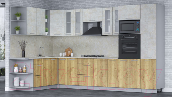 Изображение товара Кухонный гарнитур Интерлиния Мила 1.88x3.4 левая (бетон лайт/дуб золотой/опал светлый)