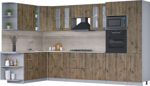 Изображение товара Кухонный гарнитур Интерлиния Мила 1.88x3.4 левая (дуб веллингтон/дуб веллингтон/травертин серый)