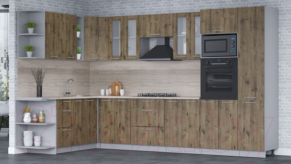 Изображение товара Кухонный гарнитур Интерлиния Мила 1.88x3.4 левая (дуб веллингтон/дуб веллингтон/травертин серый)