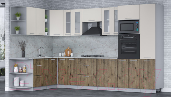 Изображение товара Кухонный гарнитур Интерлиния Мила 1.88x3.4 левая (персидский жемчуг/дуб веллингтон/серый каспий)